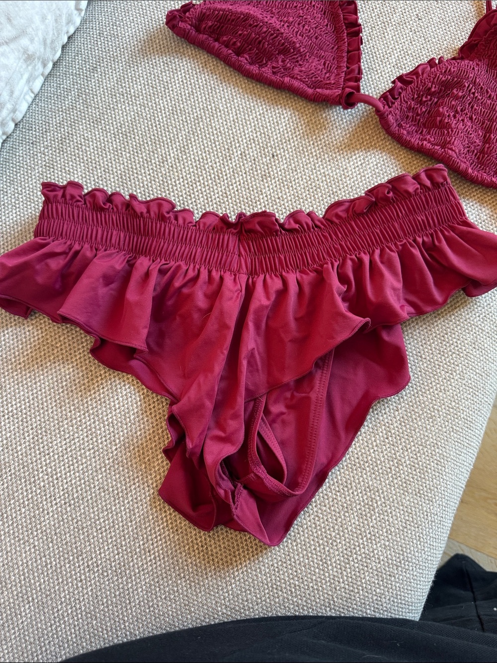 Frankie's Bikinis Ruffled Smocked Triangle Bikini in Berry - Picture 3 of 4